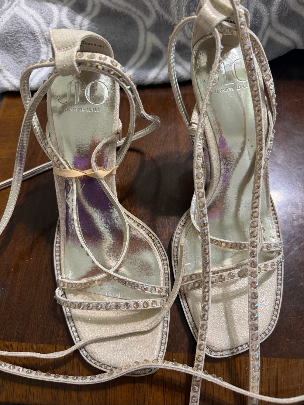 Jennifer Lopez Pearl Champagne Crystal Lace-Up Heels